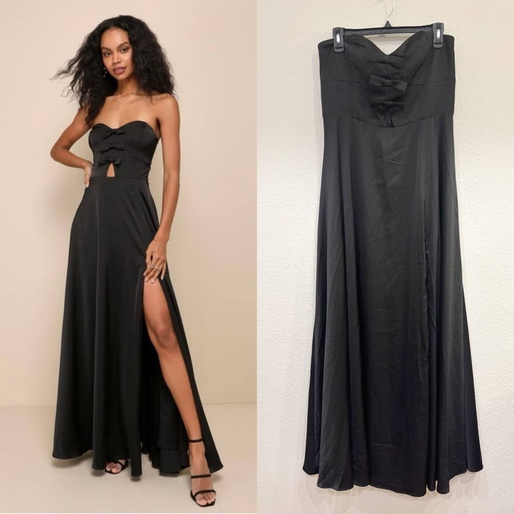 Sz‎ XL - NWOT Lulus Upscale Poise Black Satin Bow Strapless Maxi Dress